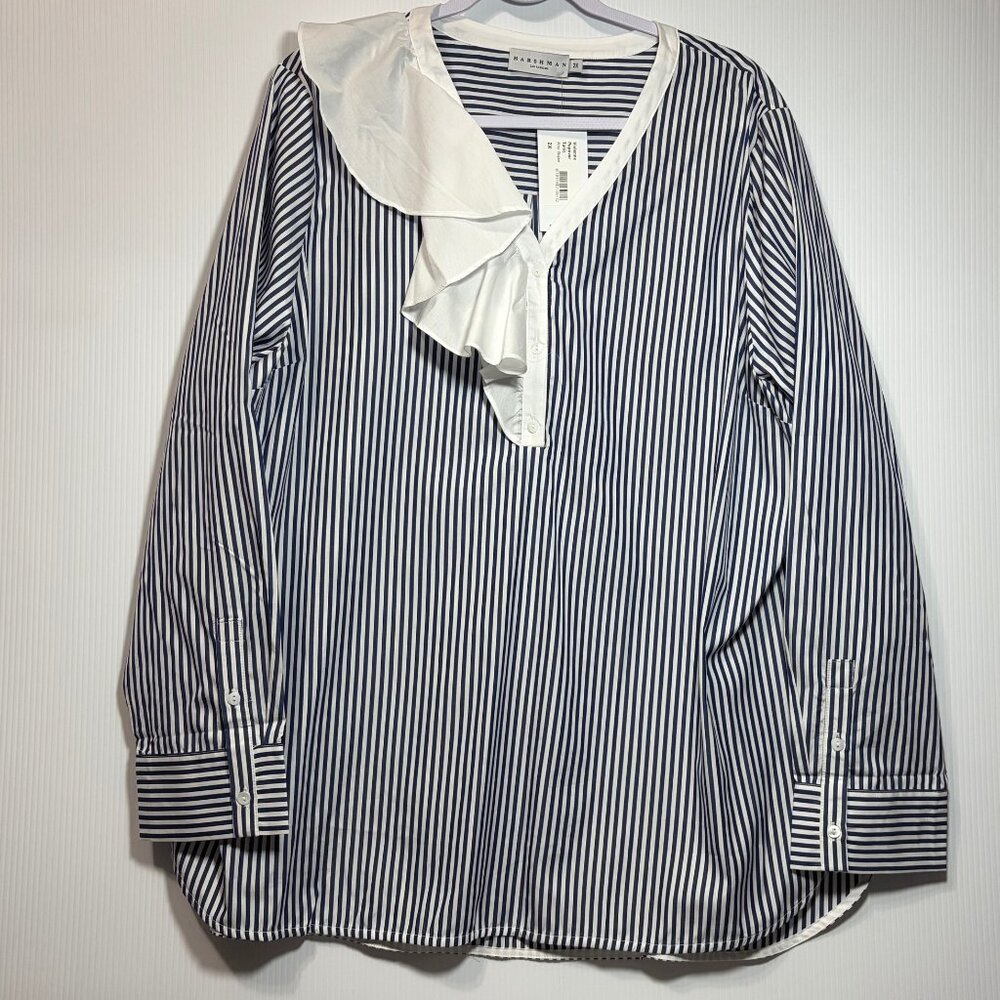 Harshman Vivienne Popover Tunic 2X Navy Stripe Cotton Ruffle Boho Coastal Preppy - Picture 2 of 11